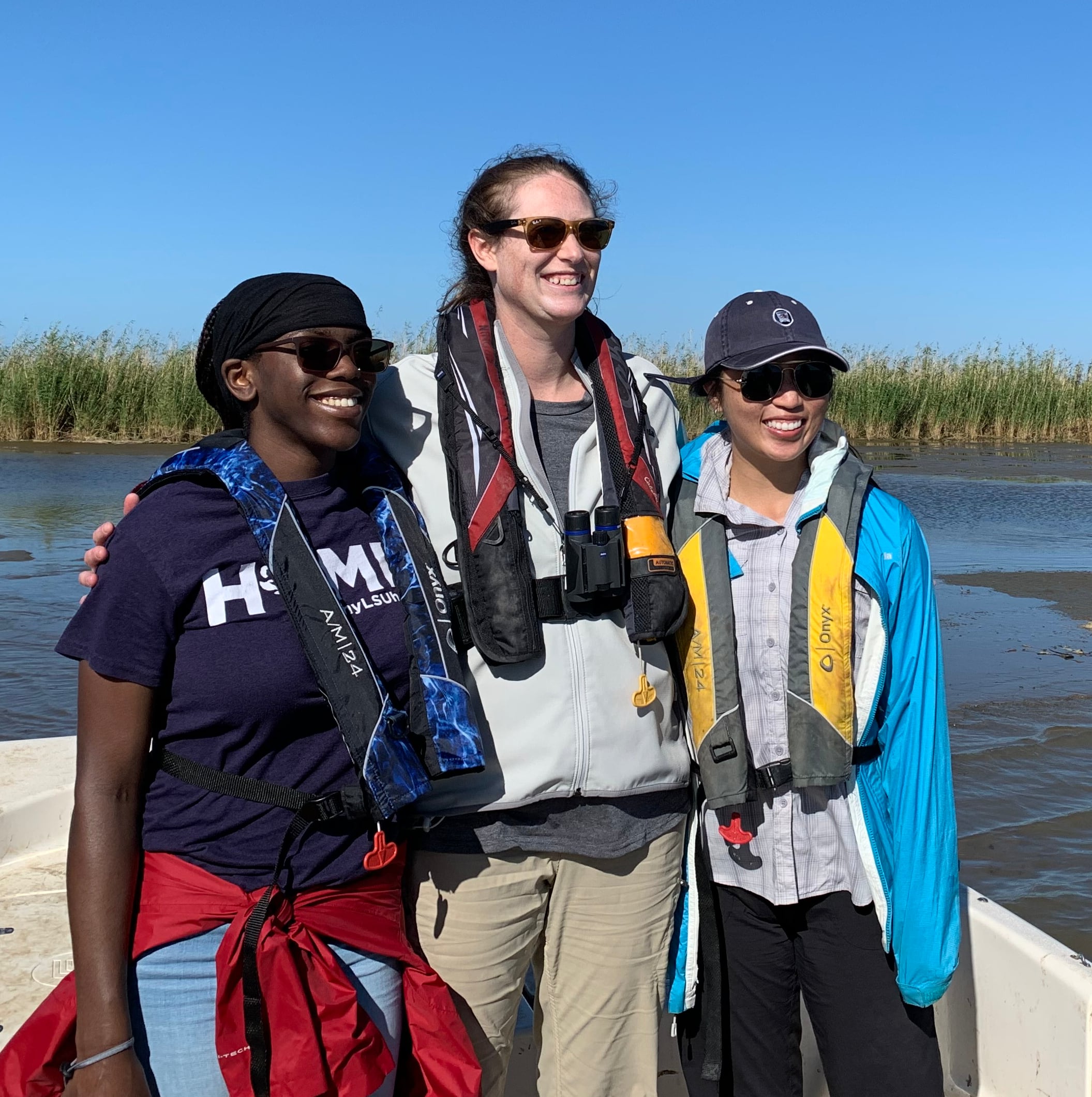 lab group in boat